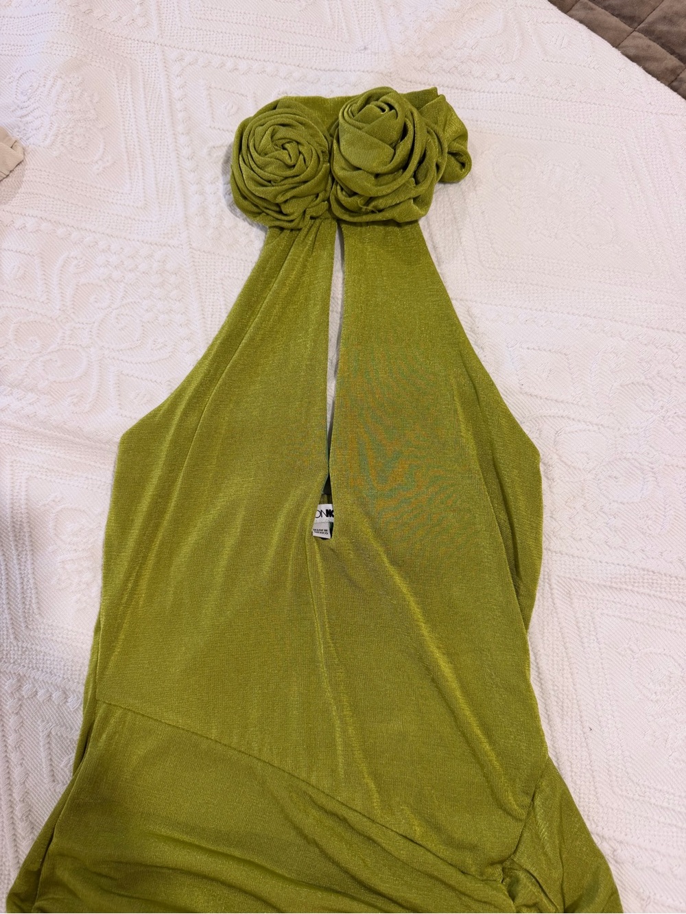 Fashion Nova Olive Green Backless Halter Dress with Rosette Neck
